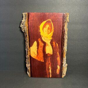 Vintage Retro Live Edge Wood Slab Young Polish Woman Decorative Wall Art 9 x 6"